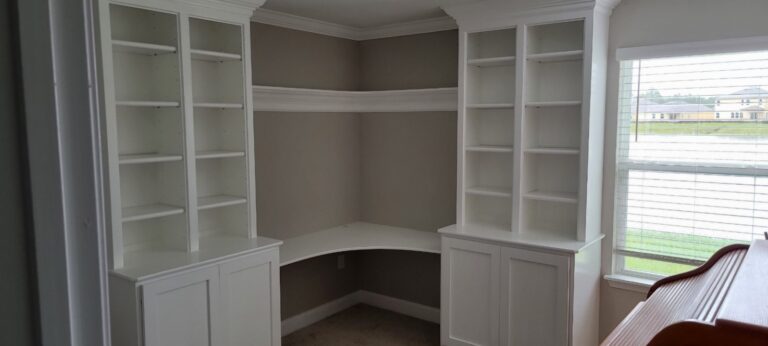 Custom built-in home office cabinetry with shelving installed in Jacksonville, Florida
