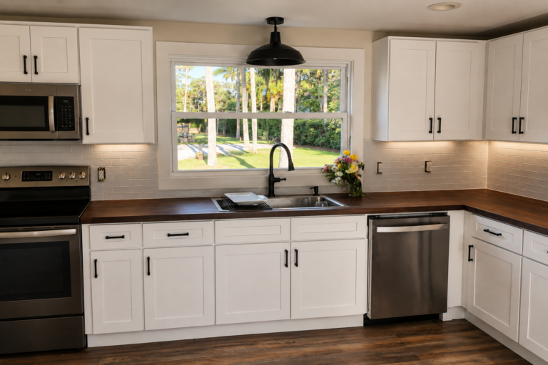 Custom white shaker kitchen cabinets with subway tile backsplash