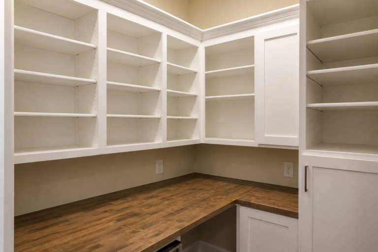Custom walk-in pantry cabinets with built-in shelving and butcher block countertops